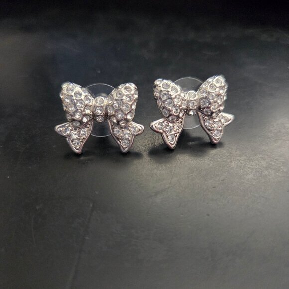 Touchstone Crystal by Swarovski Pave Crystal Bow Earrings Silver Tone Sparkle - Picture 1 of 4